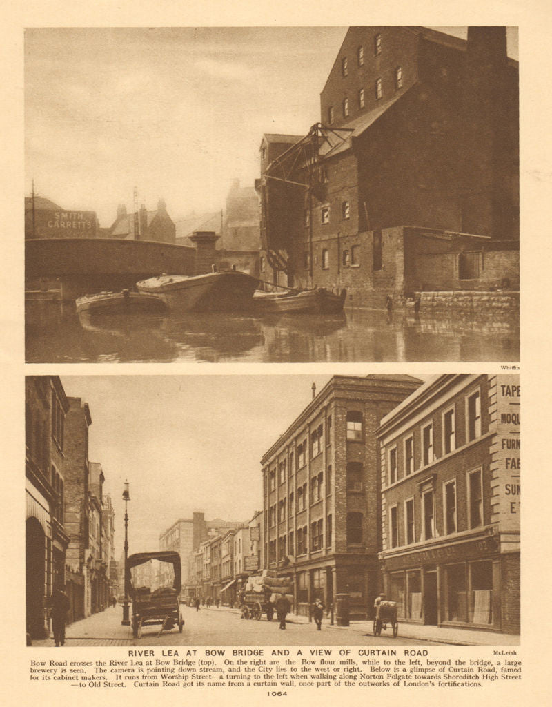 River Lea at Bow Bridge. Curtain Road, Shoreditch. Cabinet makers 1926 print